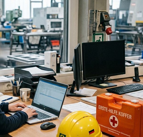 Schutzhelm und Erste-Hilfe-Kasten an einem Arbeitsplatz in einer Werkhalle – Symbolbild für Unfälle am Arbeitsplatz