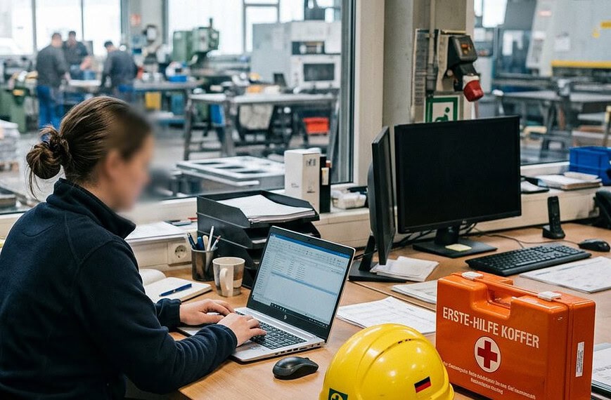 Schutzhelm und Erste-Hilfe-Kasten an einem Arbeitsplatz in einer Werkhalle – Symbolbild für Unfälle am Arbeitsplatz