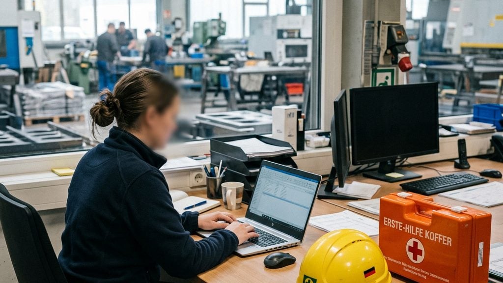 Schutzhelm und Erste-Hilfe-Kasten an einem Arbeitsplatz in einer Werkhalle – Symbolbild für Unfälle am Arbeitsplatz