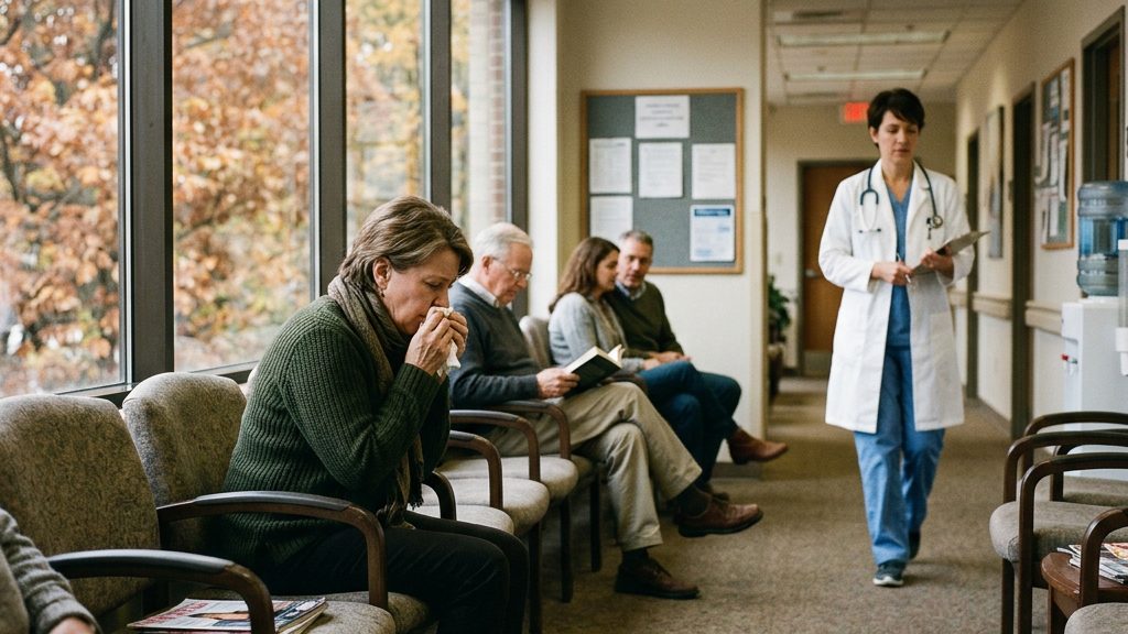 Wartebereich einer Klinik im Herbst: Atemwegserkrankungen nehmen nach RKI-Angaben wieder zu.