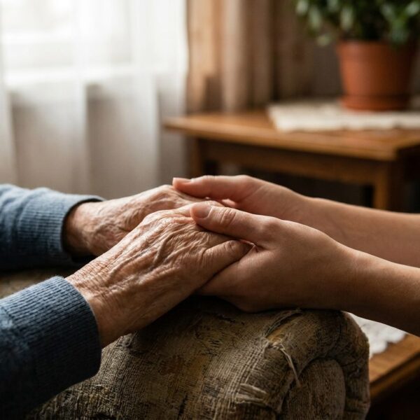 Die Hände einer älteren Person werden behutsam von den Händen einer jüngeren Pflegeperson gehalten