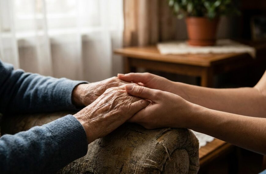 Die Hände einer älteren Person werden behutsam von den Händen einer jüngeren Pflegeperson gehalten