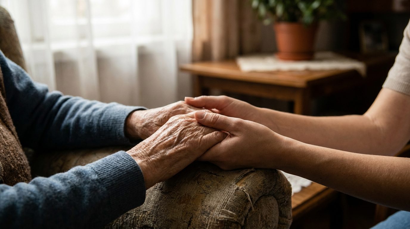 Die Hände einer älteren Person werden behutsam von den Händen einer jüngeren Pflegeperson gehalten