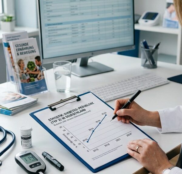 Stethoskop, Blutzuckermessgerät und Statistik-Diagramm auf einem Schreibtisch in einer Arztpraxis – Symbolbild für Diabetes-Prävention und Versorgungsforschung