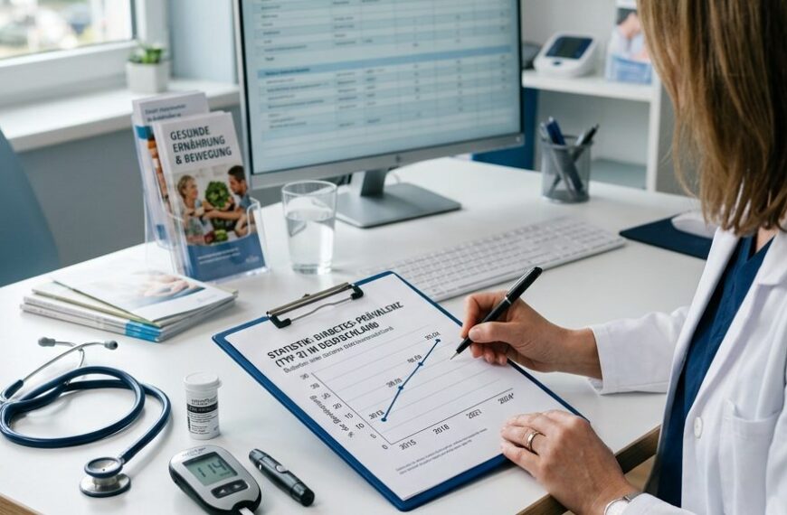 Stethoskop, Blutzuckermessgerät und Statistik-Diagramm auf einem Schreibtisch in einer Arztpraxis – Symbolbild für Diabetes-Prävention und Versorgungsforschung