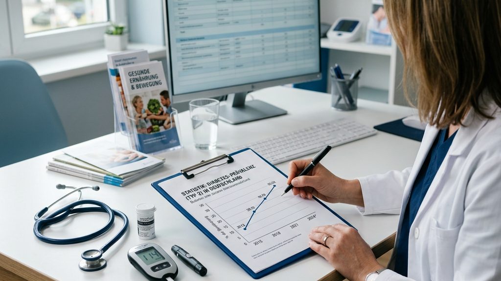 Stethoskop, Blutzuckermessgerät und Statistik-Diagramm auf einem Schreibtisch in einer Arztpraxis – Symbolbild für Diabetes-Prävention und Versorgungsforschung