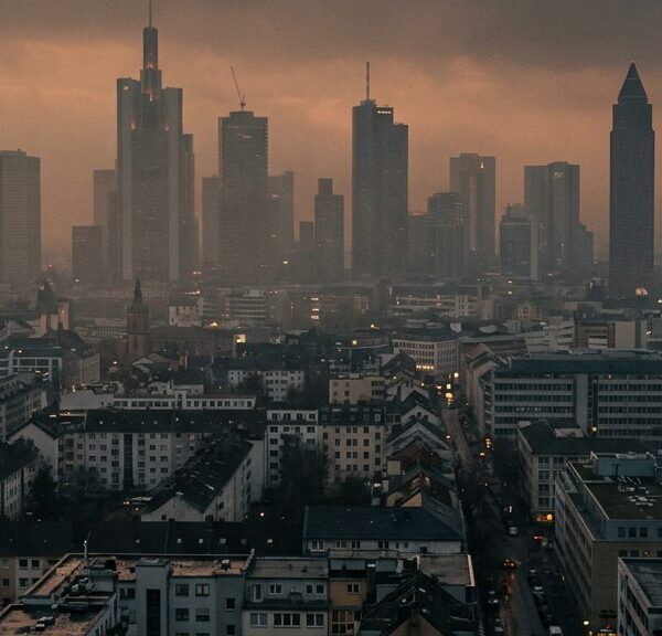 Stadtpanorama in Abenddämmerung mit sichtbarer Feinstaub-Dunstschicht über den Dächern