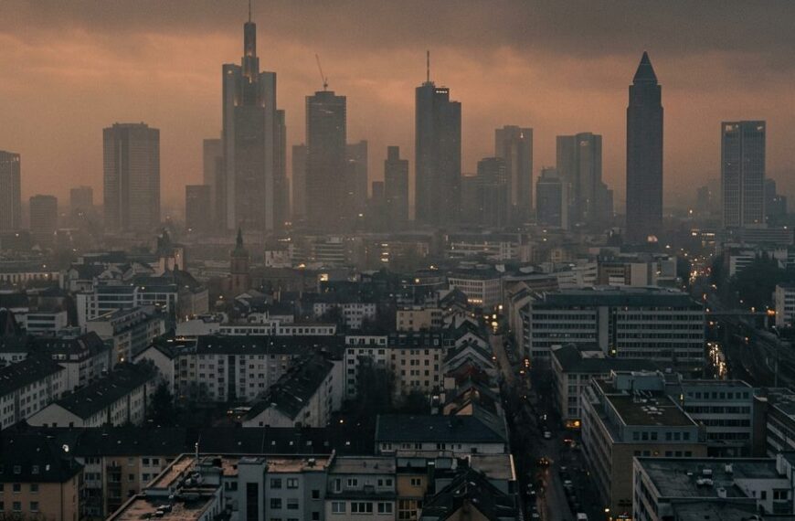 Stadtpanorama in Abenddämmerung mit sichtbarer Feinstaub-Dunstschicht über den Dächern
