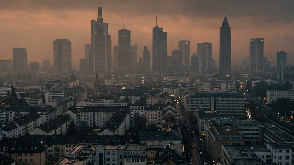 Stadtpanorama in Abenddämmerung mit sichtbarer Feinstaub-Dunstschicht über den Dächern