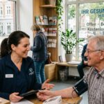 Gesundheitskiosk in einem deutschen Stadtteil: Pflegekraft berät einen älteren Mann