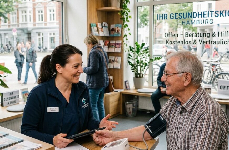 Gesundheitskiosk in einem deutschen Stadtteil: Pflegekraft berät einen älteren Mann