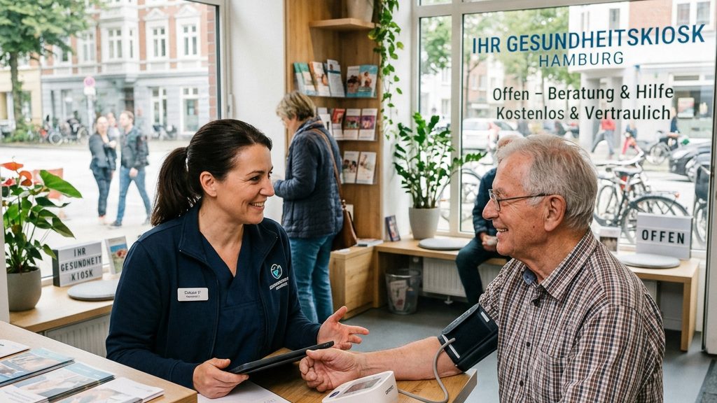 Gesundheitskiosk in einem deutschen Stadtteil: Pflegekraft berät einen älteren Mann