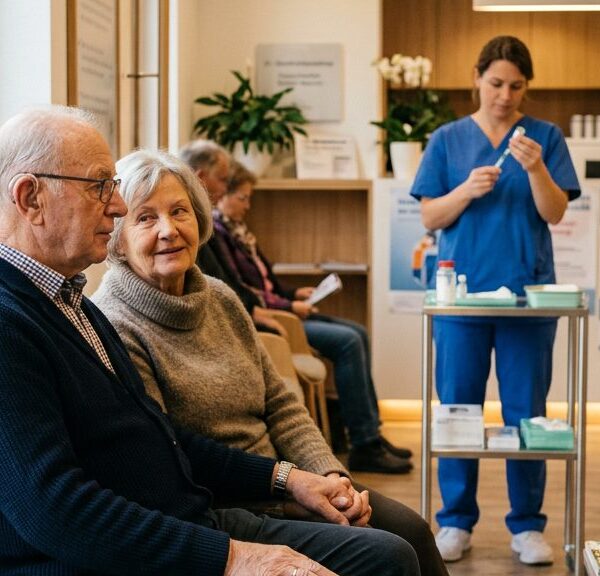 Älteres Ehepaar im Wartezimmer einer Arztpraxis, im Hintergrund bereitet eine Pflegekraft eine Grippeimpfung vor