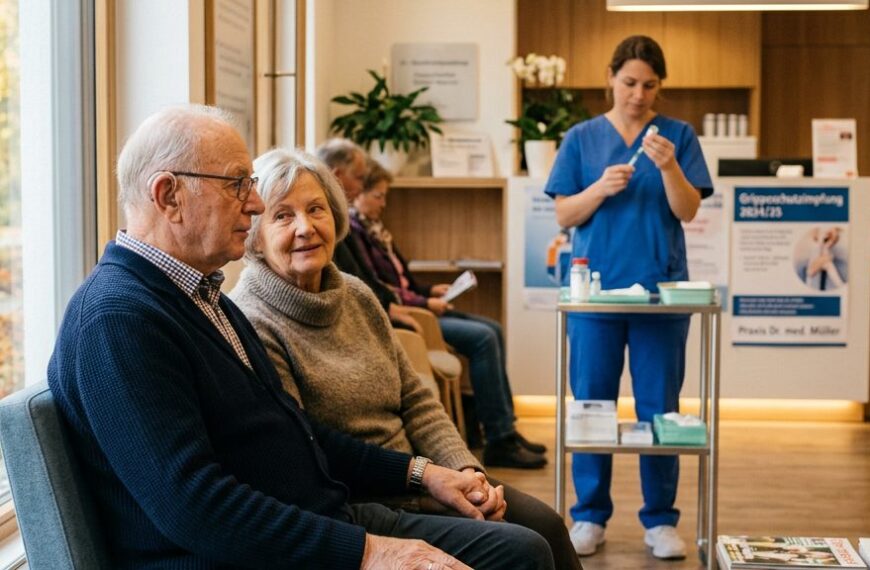 Älteres Ehepaar im Wartezimmer einer Arztpraxis, im Hintergrund bereitet eine Pflegekraft eine Grippeimpfung vor