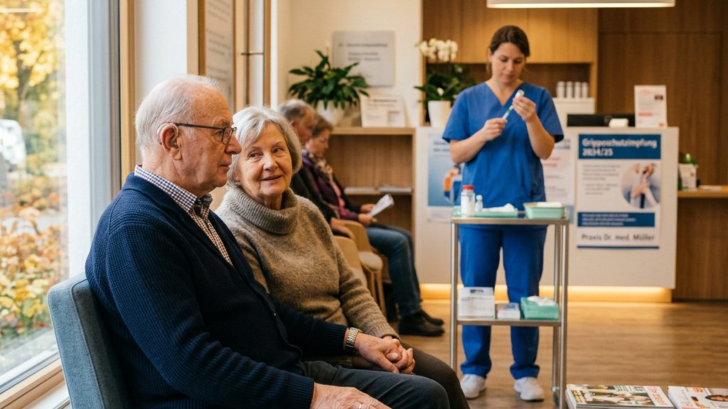 Älteres Ehepaar im Wartezimmer einer Arztpraxis, im Hintergrund bereitet eine Pflegekraft eine Grippeimpfung vor
