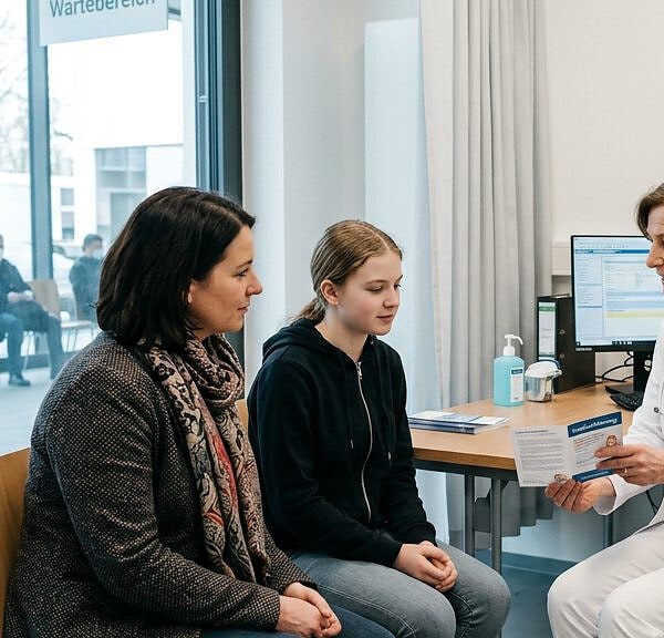 Ärztin im Impfzentrum berät Jugendliche und Mutter zur HPV-Impfung