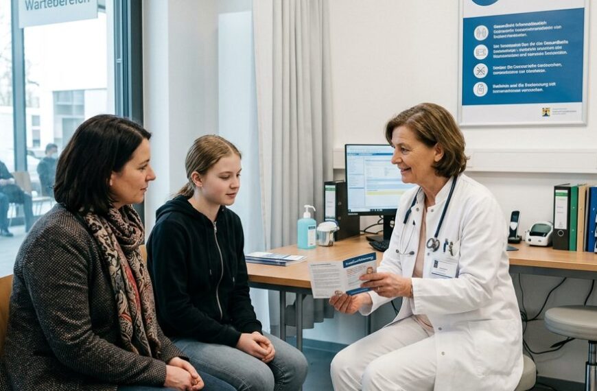 Ärztin im Impfzentrum berät Jugendliche und Mutter zur HPV-Impfung
