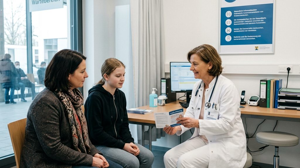 Ärztin im Impfzentrum berät Jugendliche und Mutter zur HPV-Impfung