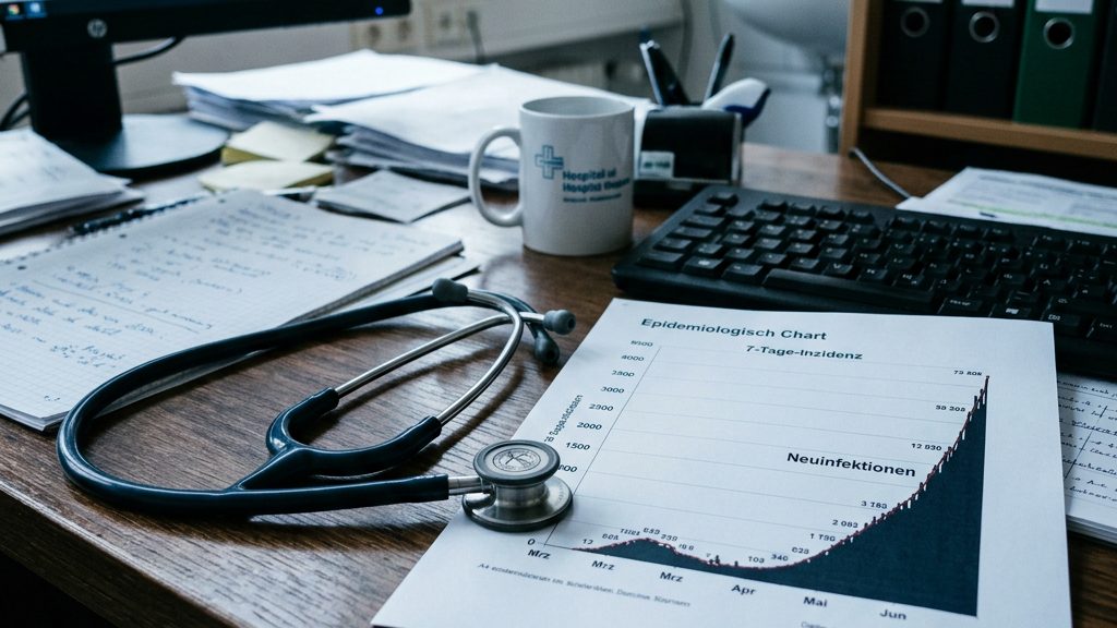 Stethoskop auf einem Schreibtisch neben einer Statistik mit steigender Infektionskurve – Symbolbild für steigende Keuchhusten-Fallzahlen.