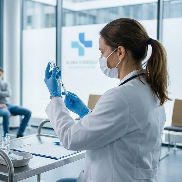 Medizinisches Personal bereitet in einem Impfzentrum eine Impfung vor – Ampulle und Spritze auf einem Kliniktisch, im Hintergrund ein Wartebereich mit Familien