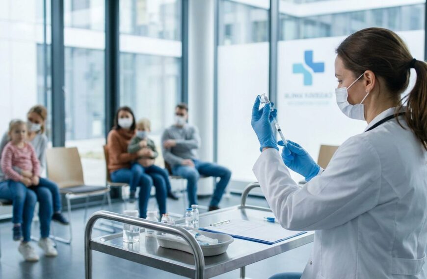 Medizinisches Personal bereitet in einem Impfzentrum eine Impfung vor – Ampulle und Spritze auf einem Kliniktisch, im Hintergrund ein Wartebereich mit Familien