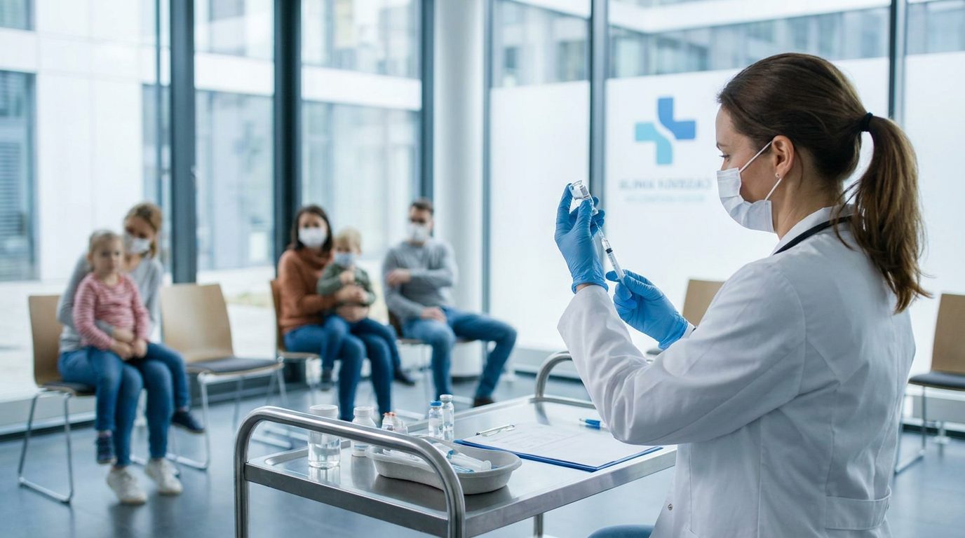 Medizinisches Personal bereitet in einem Impfzentrum eine Impfung vor – Ampulle und Spritze auf einem Kliniktisch, im Hintergrund ein Wartebereich mit Familien
