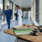 Organspendeausweis auf einem Klemmbrett neben einem Stethoskop in einem Krankenhausflur