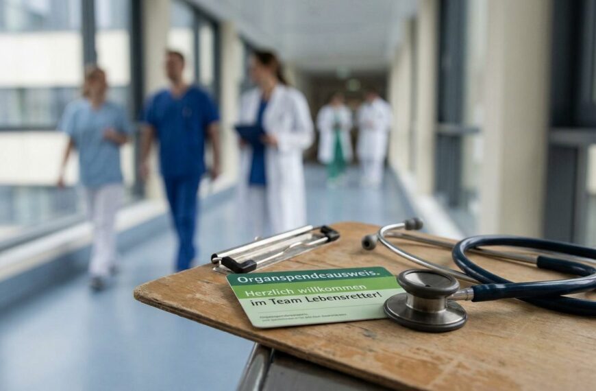 Organspendeausweis auf einem Klemmbrett neben einem Stethoskop in einem Krankenhausflur