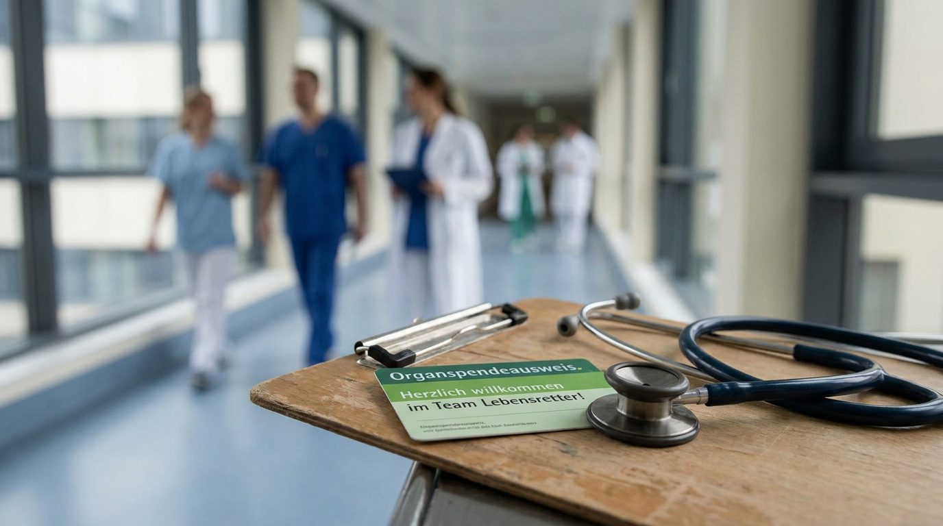 Organspendeausweis auf einem Klemmbrett neben einem Stethoskop in einem Krankenhausflur