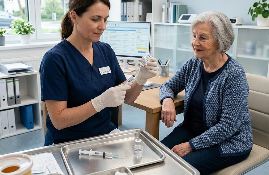 Ärztliches Gespräch: Vorbereitung einer RSV-Schutzimpfung für eine ältere Patientin in einer Arztpraxis
