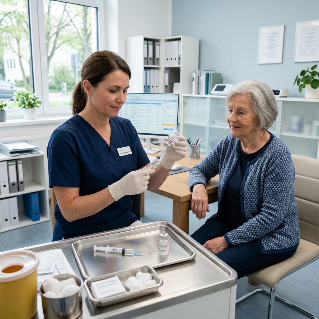 Ärztliches Gespräch: Vorbereitung einer RSV-Schutzimpfung für eine ältere Patientin in einer Arztpraxis