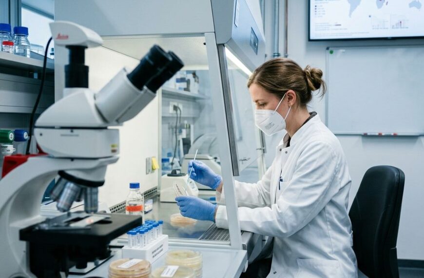 Laborantin untersucht Atemwegsproben im Rahmen der Tuberkulose-Überwachung
