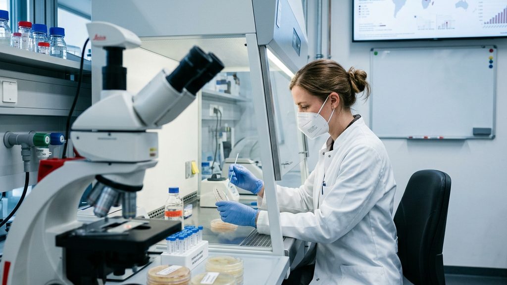 Laborantin untersucht Atemwegsproben im Rahmen der Tuberkulose-Überwachung