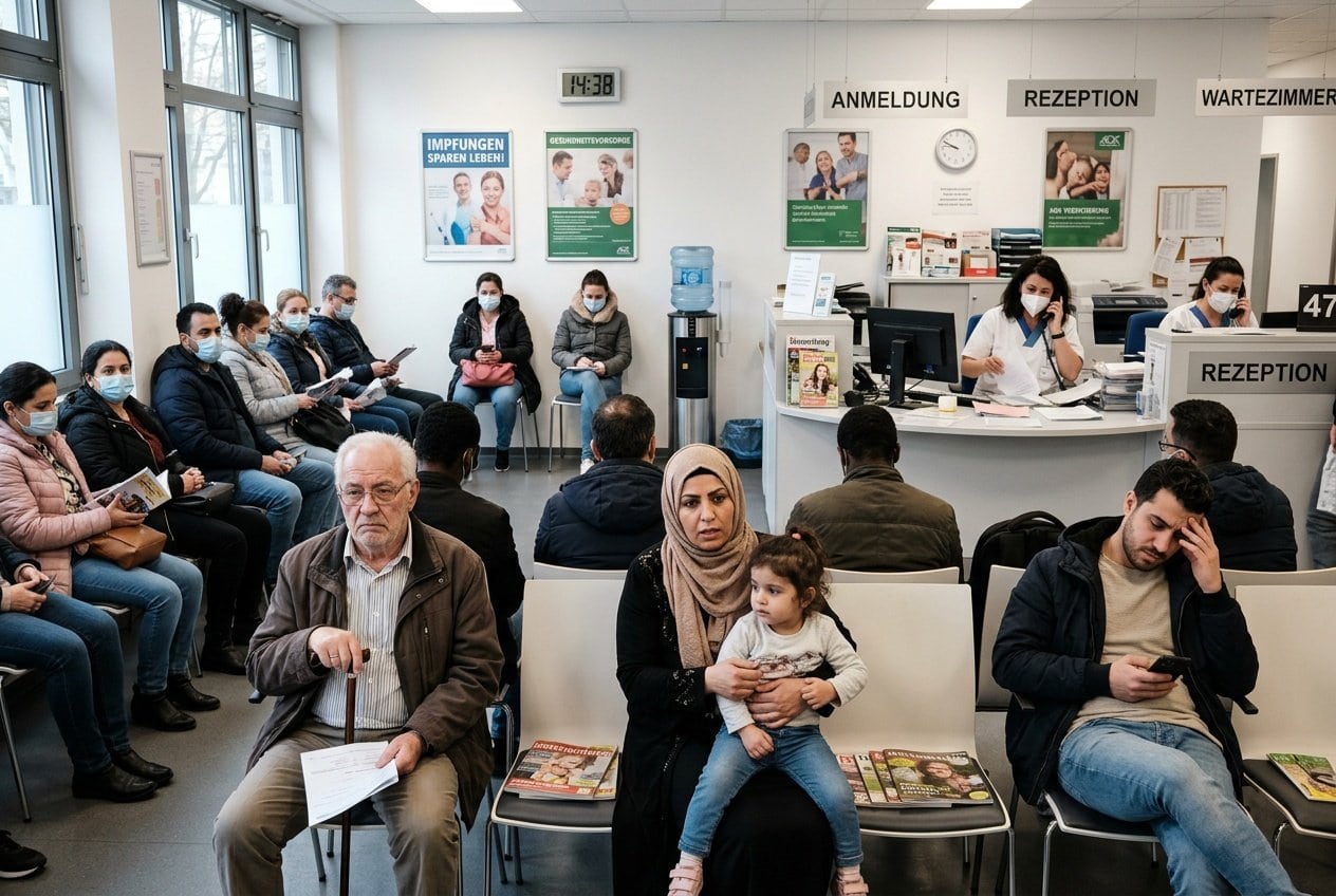 Wartezimmer einer Arztpraxis mit wartenden Patienten und einer gestressten Empfangskraft im Hintergrund.