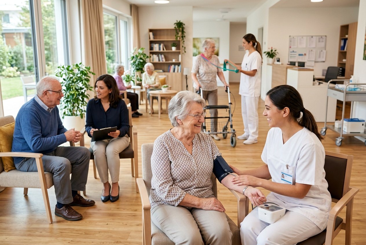 Ältere und mittelalte Menschen in einem modernen Pflegezentrum, einige werden von Pflegekräften betreut, andere unterhalten sich freundlich.