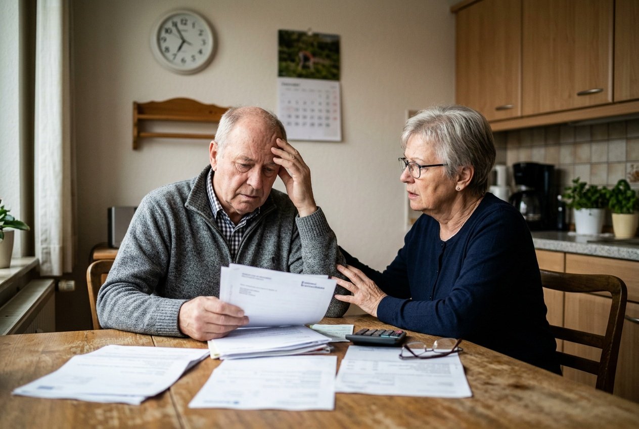 Älteres deutsches Paar sitzt besorgt an einem Küchentisch mit verstreuten Dokumenten.