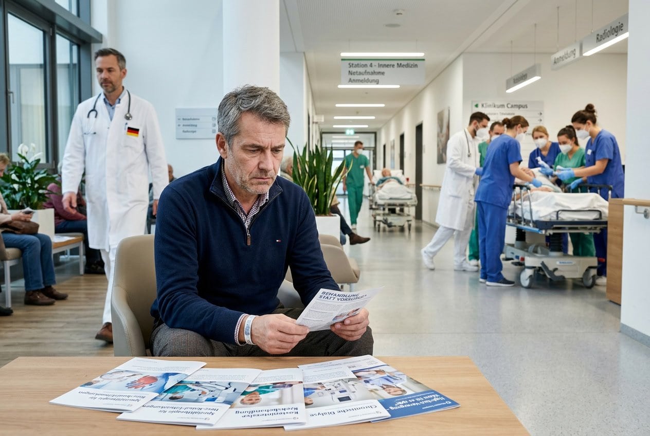 Ein besorgter Mann sitzt in einem Krankenhaus-Wartebereich, während medizinisches Personal im Hintergrund Patienten behandelt.
