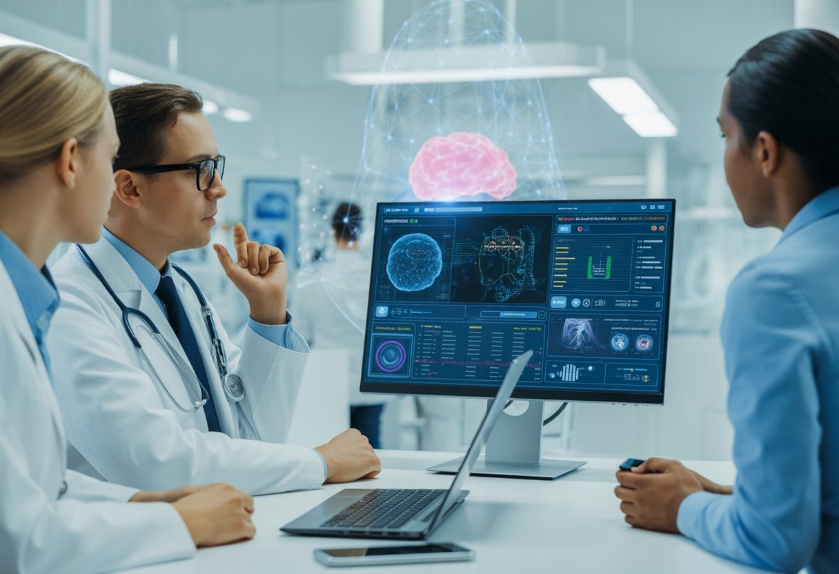 Ärzte und Wissenschaftler betrachten gemeinsam einen Bildschirm mit medizinischen Daten in einem modernen Untersuchungsraum.