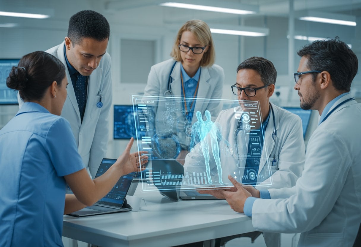 Ärzte und Wissenschaftler arbeiten gemeinsam an einem digitalen Bildschirm mit medizinischen Daten in einem modernen Krankenhaus.