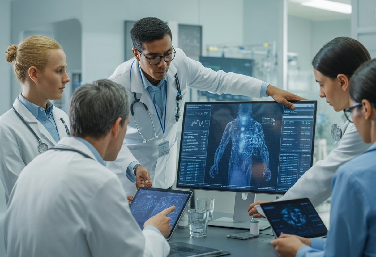 Ärzte und Fachleute betrachten gemeinsam auf einem Bildschirm medizinische Daten und KI-Diagnosen in einem modernen Krankenhaus.