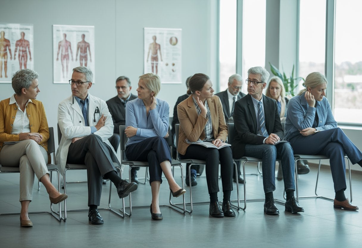 Mehrere Menschen sitzen in einem modernen Wartezimmer einer Arztpraxis und wirken nachdenklich oder besorgt.