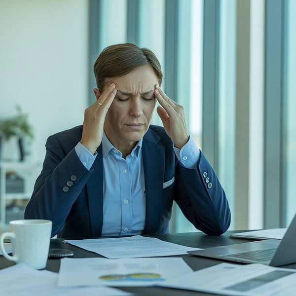 Ein gestresster Büroangestellter sitzt an einem Schreibtisch mit Unterlagen und Laptop und reibt sich erschöpft die Schläfen.