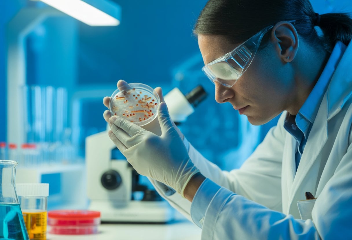 Ein Wissenschaftler in einem Labor untersucht eine Petrischale mit Bakterienkulturen, umgeben von Laborgeräten.