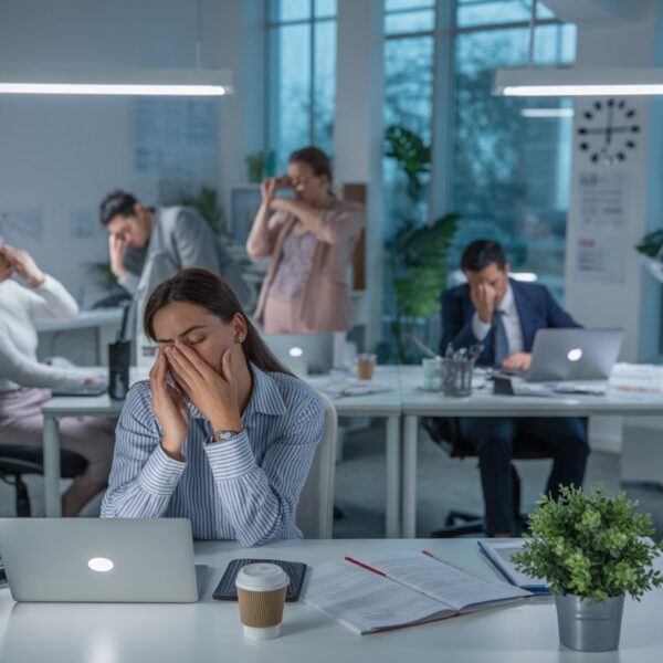 Ein modernes Büro mit müden, aber konzentrierten Mitarbeitern, die an ihren Schreibtischen arbeiten.