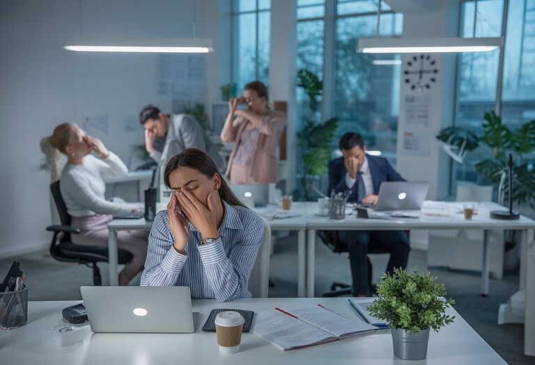 Ein modernes Büro mit müden, aber konzentrierten Mitarbeitern, die an ihren Schreibtischen arbeiten.