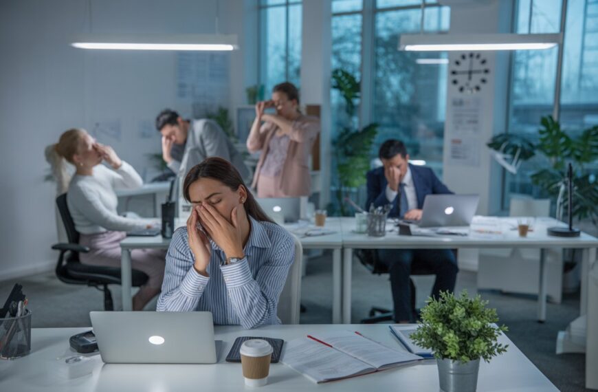 Ein modernes Büro mit müden, aber konzentrierten Mitarbeitern, die an ihren Schreibtischen arbeiten.