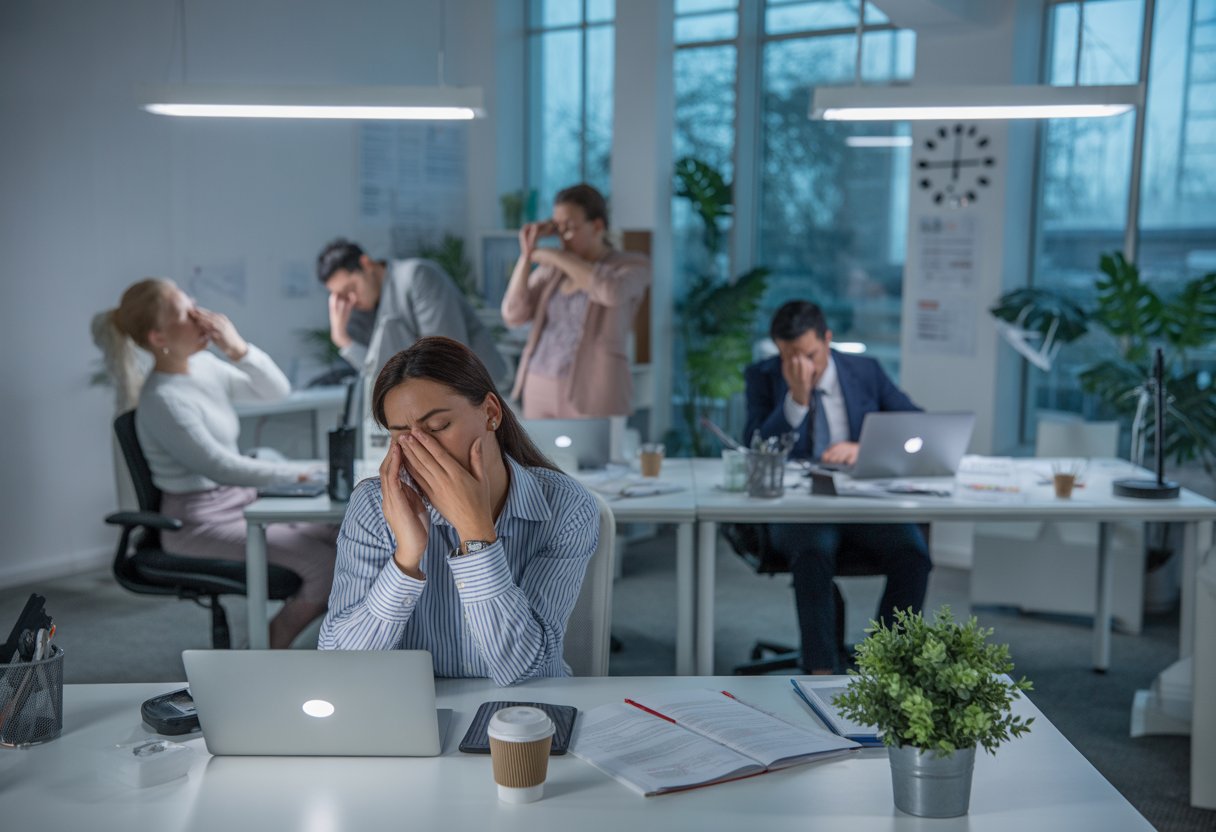 Ein modernes Büro mit müden, aber konzentrierten Mitarbeitern, die an ihren Schreibtischen arbeiten.