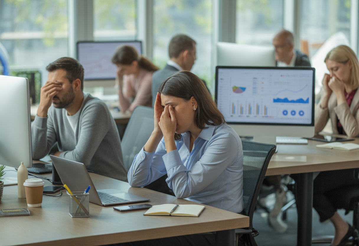 Mehrere müde Mitarbeiter sitzen in einem modernen Büro und arbeiten an Computern.