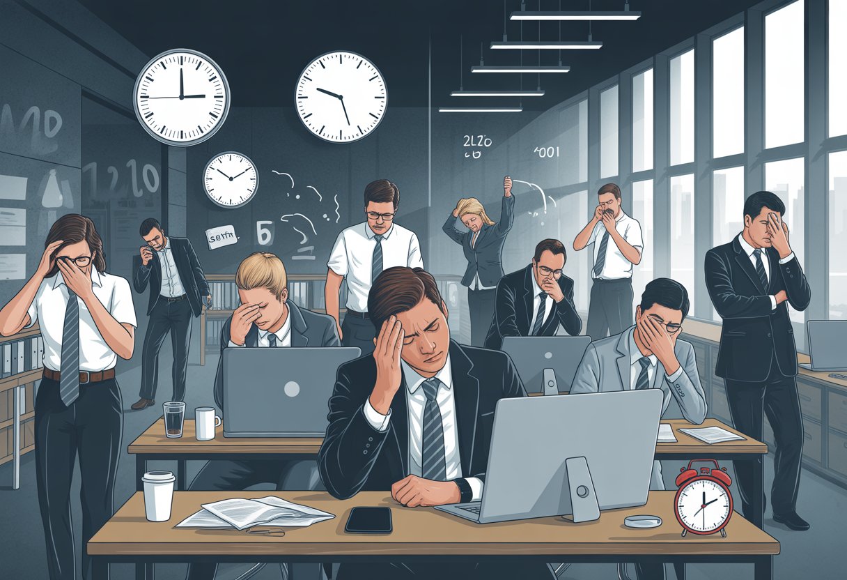 Eine Gruppe müder Büroangestellter bei der Arbeit in einem modernen Büro, einige gähnen oder reiben sich die Augen.