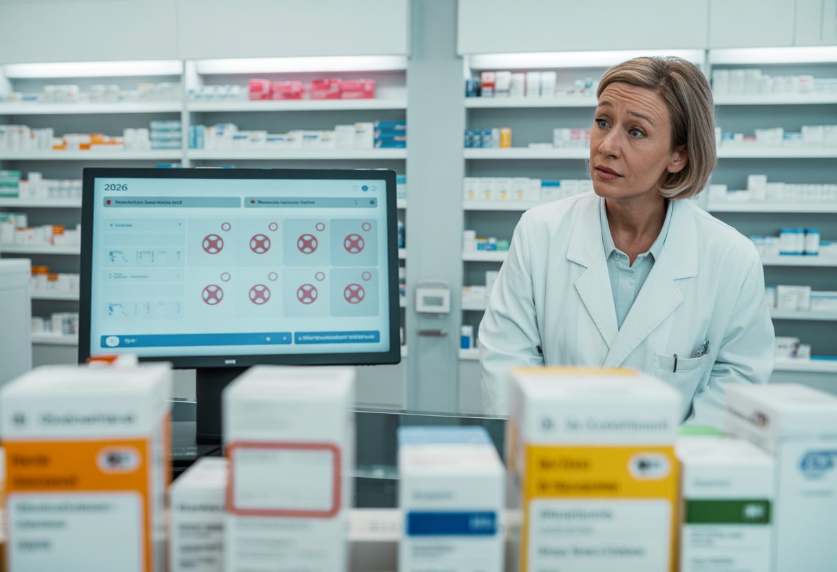 Ein Apotheker in einer deutschen Apotheke steht besorgt am Tresen vor einem Computer, während Regale mit Medikamenten teilweise leer sind.